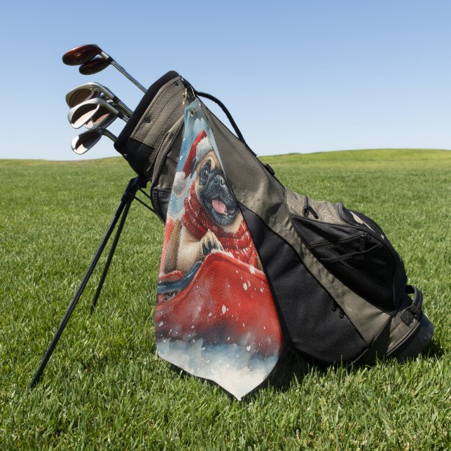 Pug Dog in Sledge Let it Snow Christmas Golf Towel (Green)