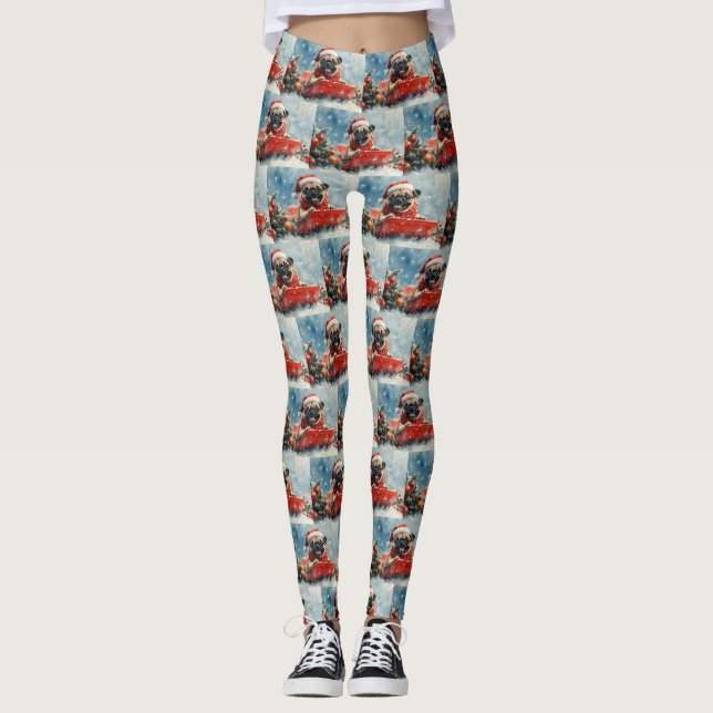 Pug Dog in Sledge Let it Snow Christmas Leggings (Front)