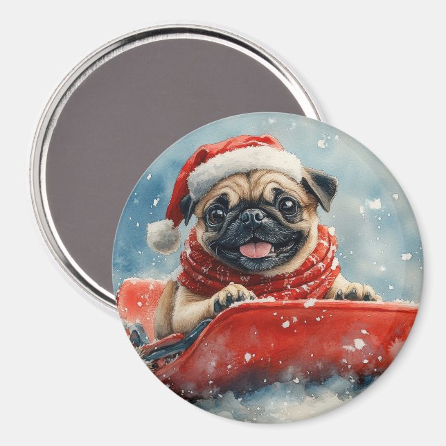 Pug Dog in Sledge Let it Snow Christmas Magnet (Front/Back)