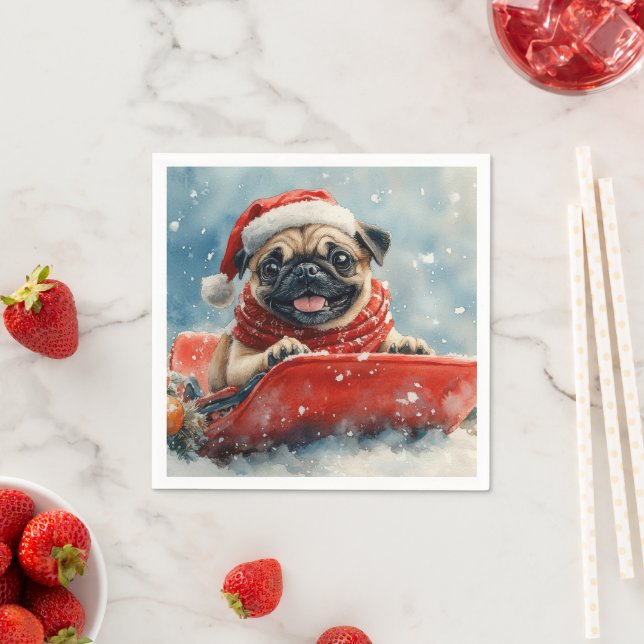 Pug Dog in Sledge Let it Snow Christmas Napkin (Insitu)