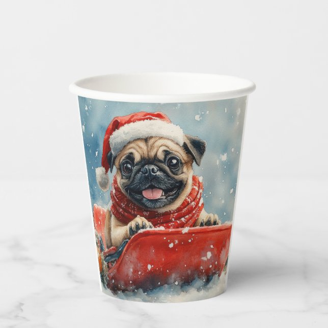 Pug Dog in Sledge Let it Snow Christmas Paper Cups (Front)