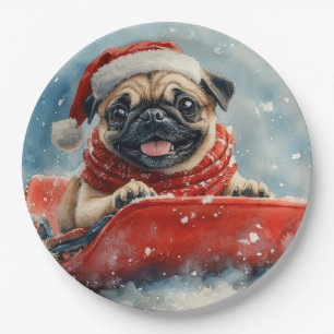 Pug Dog in Sledge Let it Snow Christmas Paper Plate