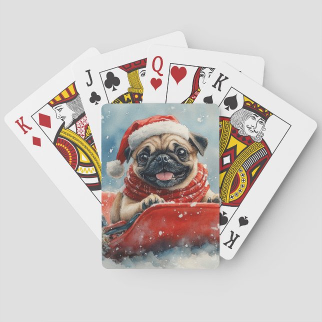Pug Dog in Sledge Let it Snow Christmas Playing Cards (Back)