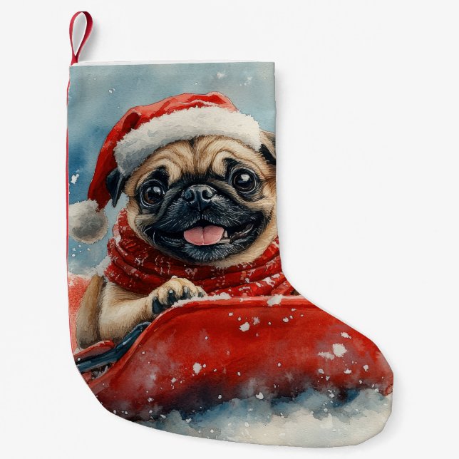 Pug Dog in Sledge Let it Snow Christmas Small Christmas Stocking (Front)