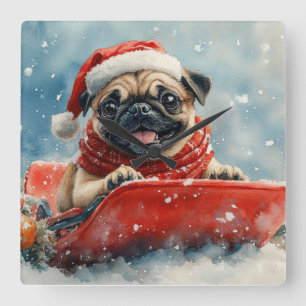 Pug Dog in Sledge Let it Snow Christmas Square Wall Clock