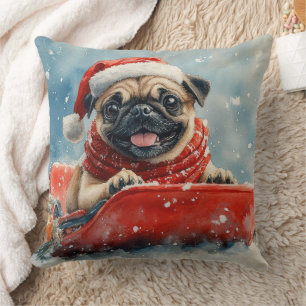 Pug Dog in Sledge Let it Snow Christmas Throw Pillow