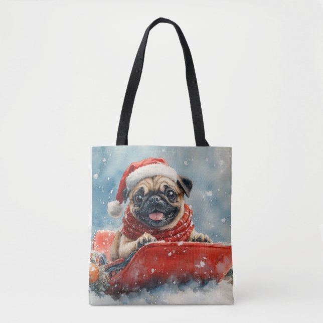 Pug Dog in Sledge Let it Snow Christmas Tote Bag (Front)