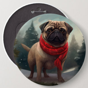 Pug Dog in Snow Christmas 6 Inch Round Button
