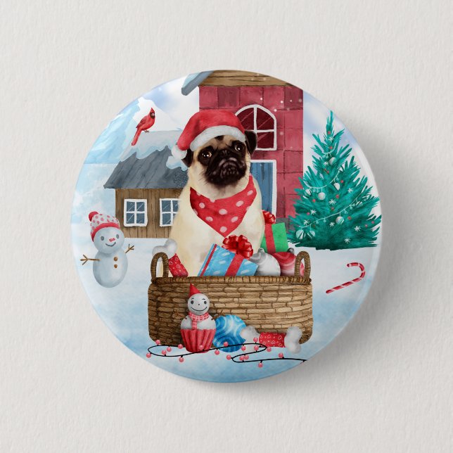 Pug Dog In snow Christmas Dog House  2 Inch Round Button (Front)