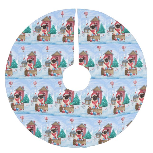 Pug Dog In snow Christmas Dog House  Brushed Polyester Tree Skirt (Front)