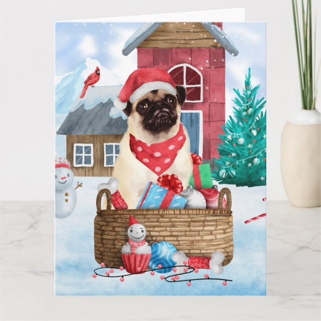 Pug Dog In snow Christmas Dog House Card (Front)
