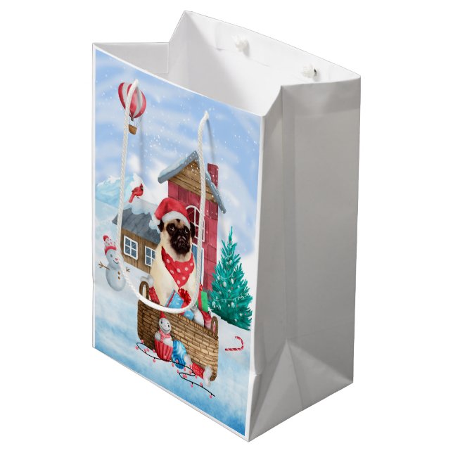 Pug Dog In snow Christmas Dog House  Medium Gift Bag (Front Angled)