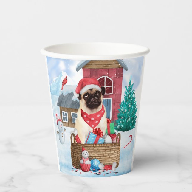 Pug Dog In snow Christmas Dog House Paper Cups (Front)