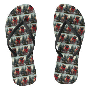 Pug Dog in Snow Christmas Flip Flops