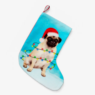 Pug Dog in Snow Christmas Hat Lights Small Christmas Stocking