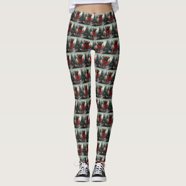 Pug Dog in Snow Christmas Leggings (Front)