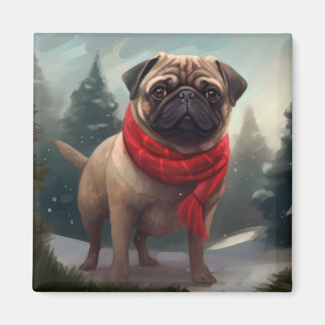 Pug Dog in Snow Christmas Magnet (Front)