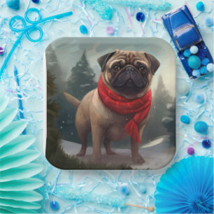 Pug Dog in Snow Christmas Paper Plate