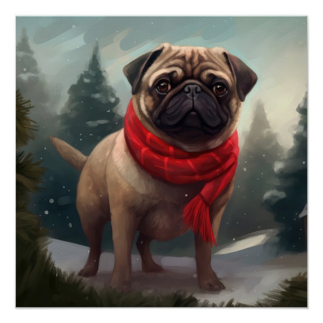 Pug Dog in Snow Christmas Poster (Front)