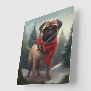 Pug Dog in Snow Christmas Square Wall Clock