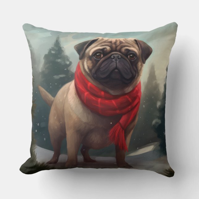 Pug Dog in Snow Christmas Throw Pillow (Front)