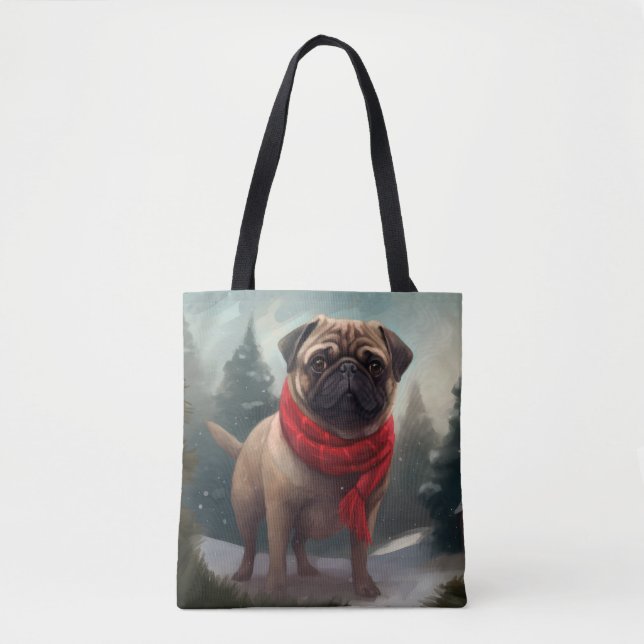 Pug Dog in Snow Christmas Tote Bag (Front)