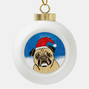 Pug Dog in Snow Christmas Watercolor Art Portrait Ceramic Ball Christmas Ornament