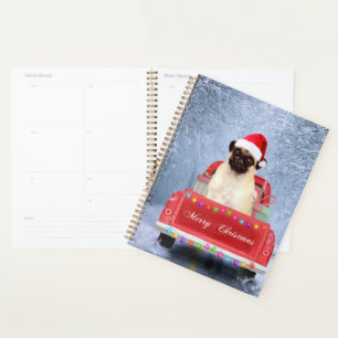 Pug Dog in Snow sitting in Christmas Truck  Planner