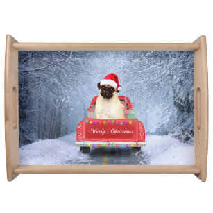 Pug Dog in Snow sitting in Christmas Truck  Serving Tray