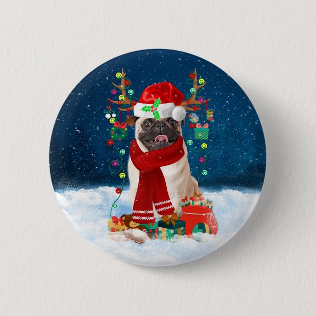 Pug Dog in Snow with Christmas Gifts  2 Inch Round Button (Front)