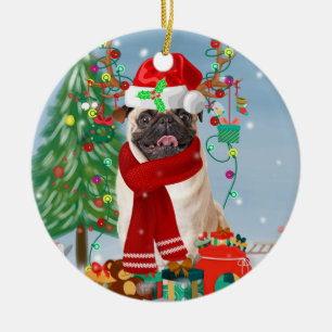 Pug Dog in Snow with Christmas Gifts   Ceramic Ornament