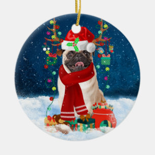 Pug Dog in Snow with Christmas Gifts Ceramic Ornament