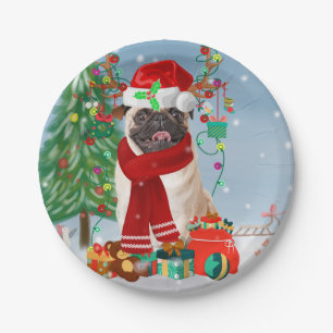 Pug Dog in Snow with Christmas Gifts Paper Plate