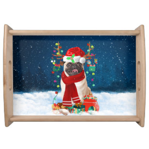 Pug Dog in Snow with Christmas Gifts  Serving Tray