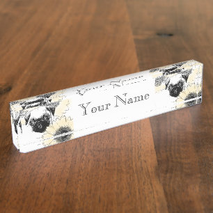 Pug Dog in sunflowers desk nameplate