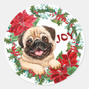 Pug Dog Joy Poinsettia Christmas Wreath Classic Round Sticker