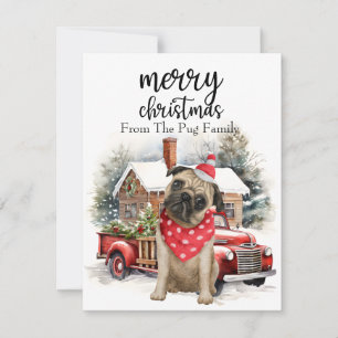 PUG Dog Merry Christmas on Red Gold marble Holiday Card