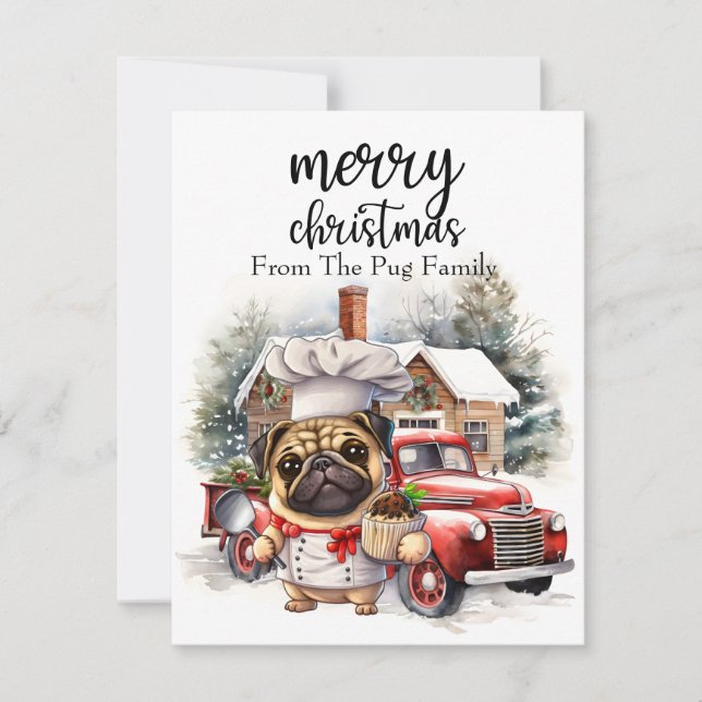 PUG Dog Merry Christmas on Red Gold marble Holiday Card (Front)