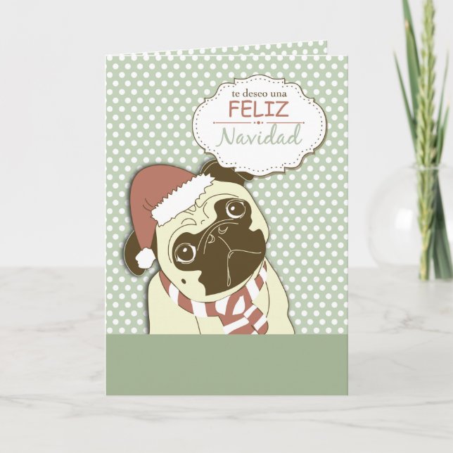 Pug Dog Merry Christmas, Spanish Holiday Card (Front)