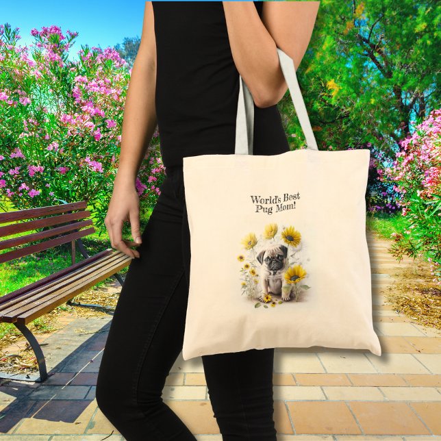 Pug Dog Mom Cute Watercolor Floral Personalized Tote Bag (Edit/ replace/ delete text.  Change image for your own, if required)