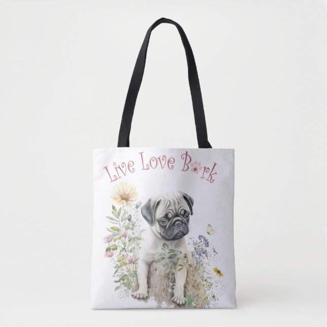 Pug Dog Mom Floral Tote Bag (Front)