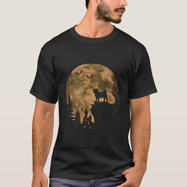 Pug Dog & Moon Halloween Costume Dog Lover T-Shirt (Front)
