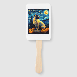 Pug dog of van gogh starry night halloween Funny J Hand Fan