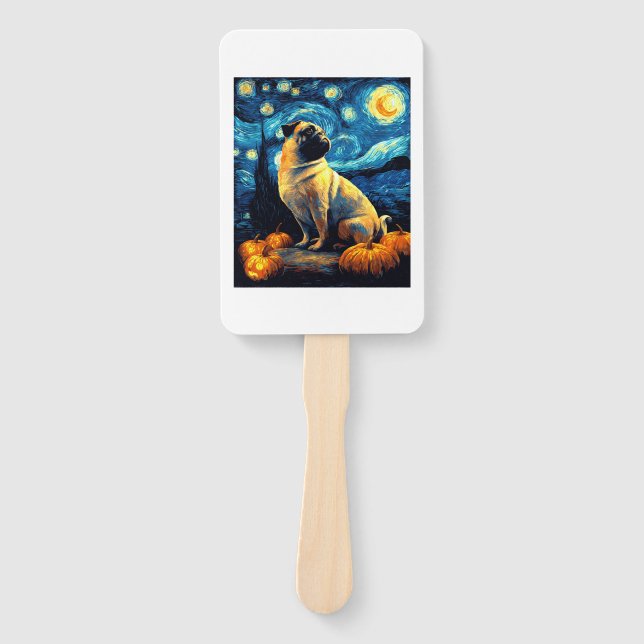 Pug dog of van gogh starry night halloween Funny J Hand Fan (Front)