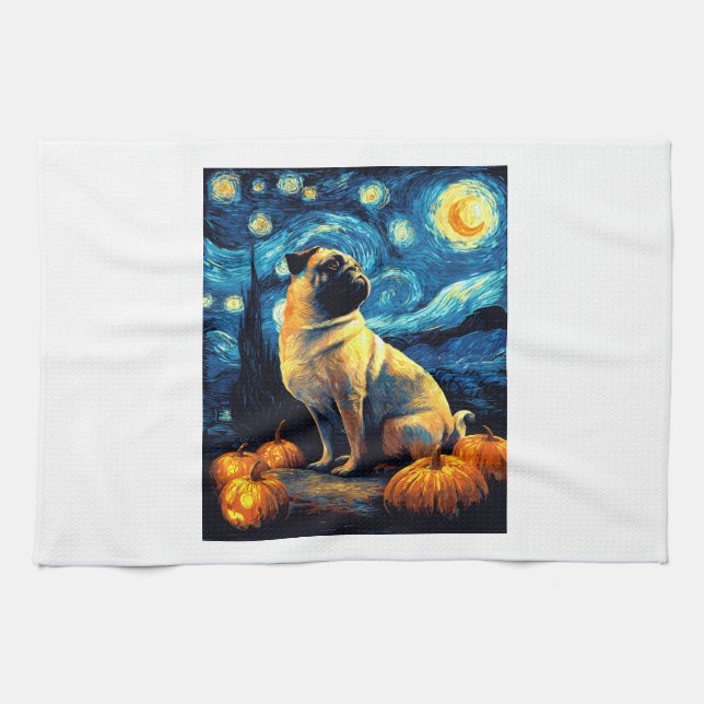 Pug dog of van gogh starry night halloween Funny J Kitchen Towel (Horizontal)