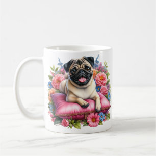 Pug Dog on a Pillow with Flowers in Watercolor Coffee Mug