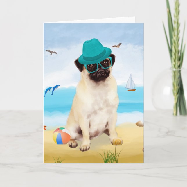 Pug Dog on Beach  Card (Front)