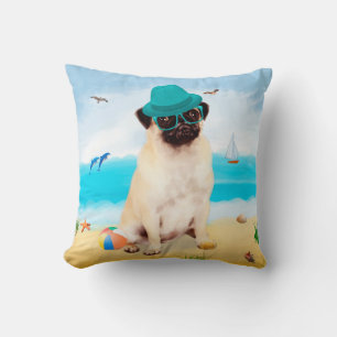 Pug Dog on Beach Throw Pillow