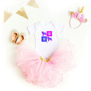 Pug Dog & Paw Pink and Blue Baby Bodysuit