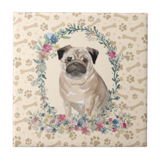 Pug Dog Paw Print Floral Cute Beige Tile